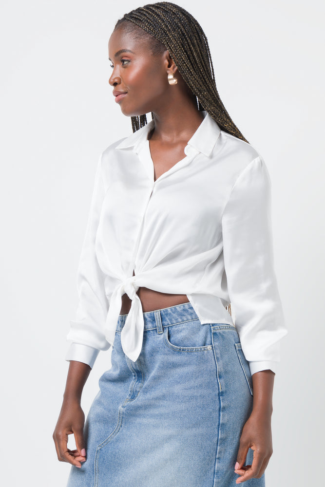 female pearl-embellished tops-Long Sleeve Shirt White