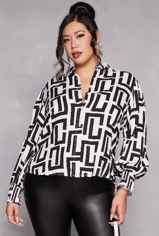 female chiffon-trim tops-Plus Size Geo Print Shirt