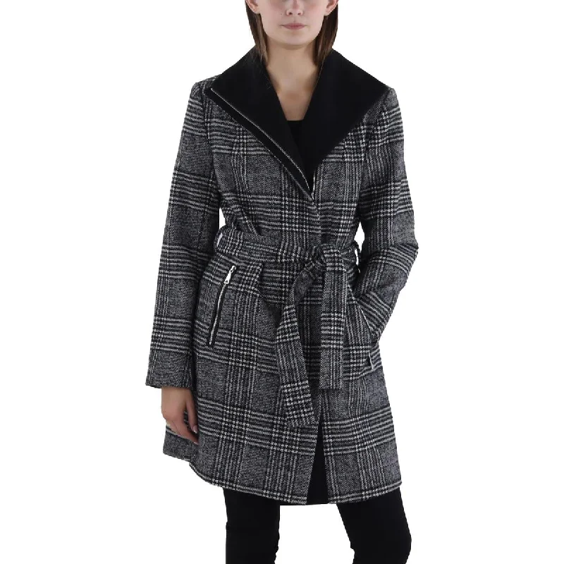 women’s wide chinos-Tahari Womens Wool Blend Plaid Wool Coat