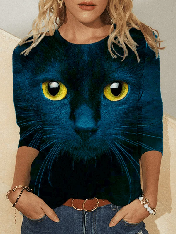 women’s insulated bombers-Women 3D Cat Print Long Sleeve Design T-Shirts