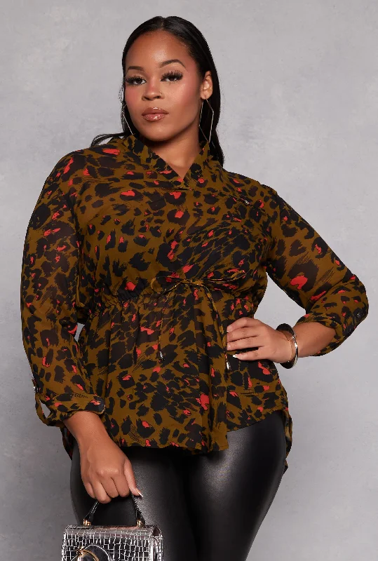 female ruffled sundresses-Plus Size Animal Print Tie Waist Top