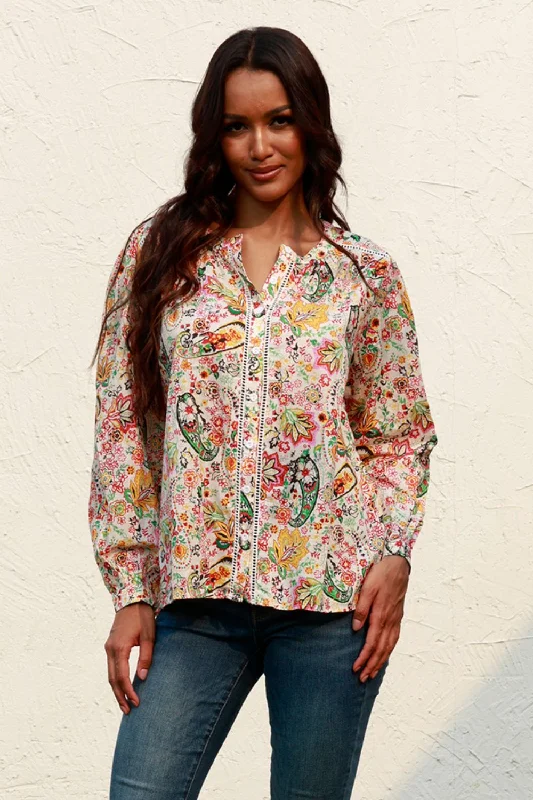 women’s smocked camis-Printed Round Neck Long Sleeve Shirt