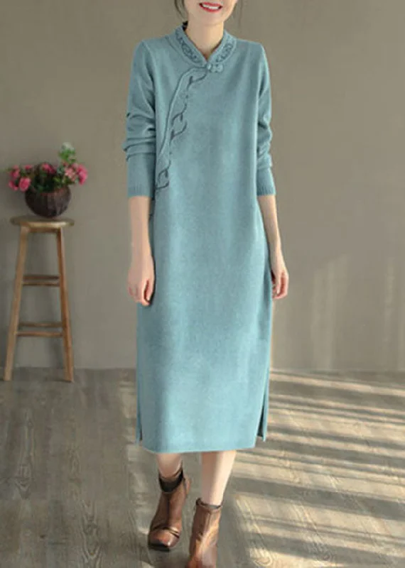 women’s gabardine jackets-Blue Oriental Long Knit Dress Embroideried Side Open Winter