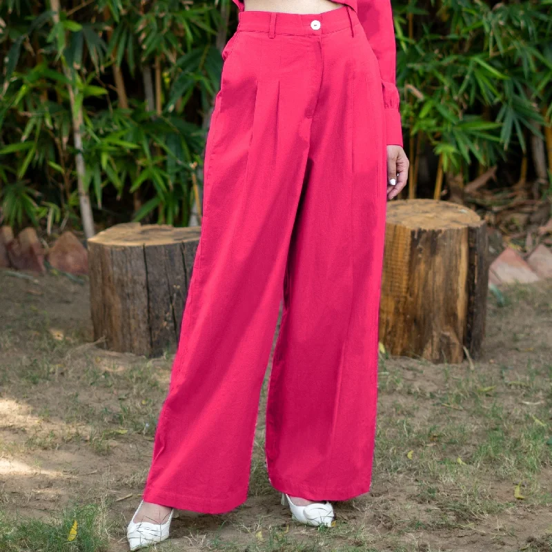 female canvas jackets-Pink Cotton Poplin High-Rise Elasticated Pleated Wide Legged Pant