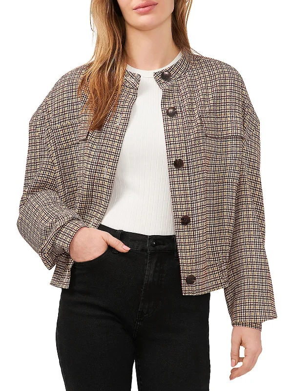 women’s softshell vests-Womens Houndstooth Pleated Bomber Jacket