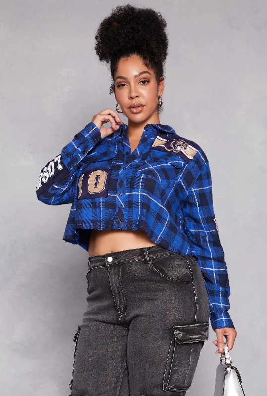 female pleated mini skirts-Plus Size Spoon Jeans Graphic Patch Plaid Cropped Shirt