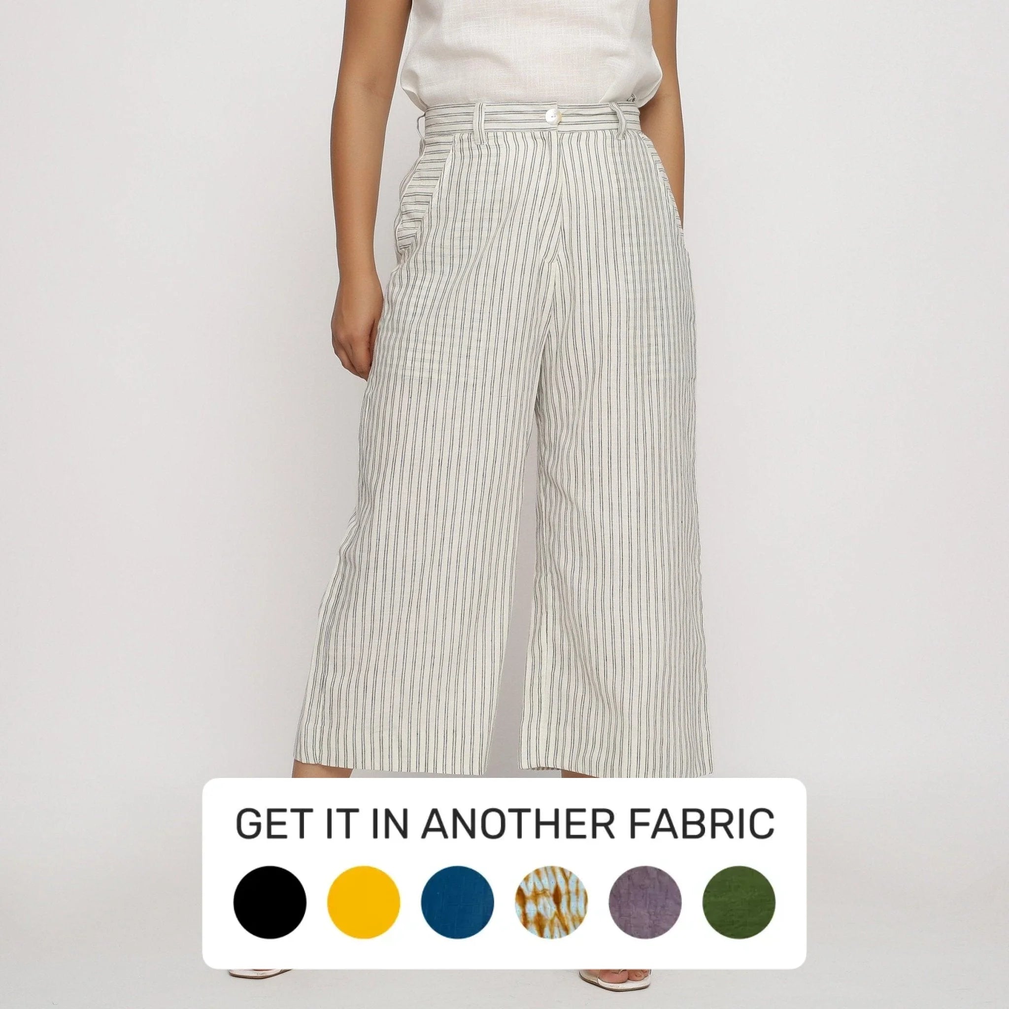 female lace-overlay tops-Off-White Striped Cotton Muslin Wide Legged Culottes