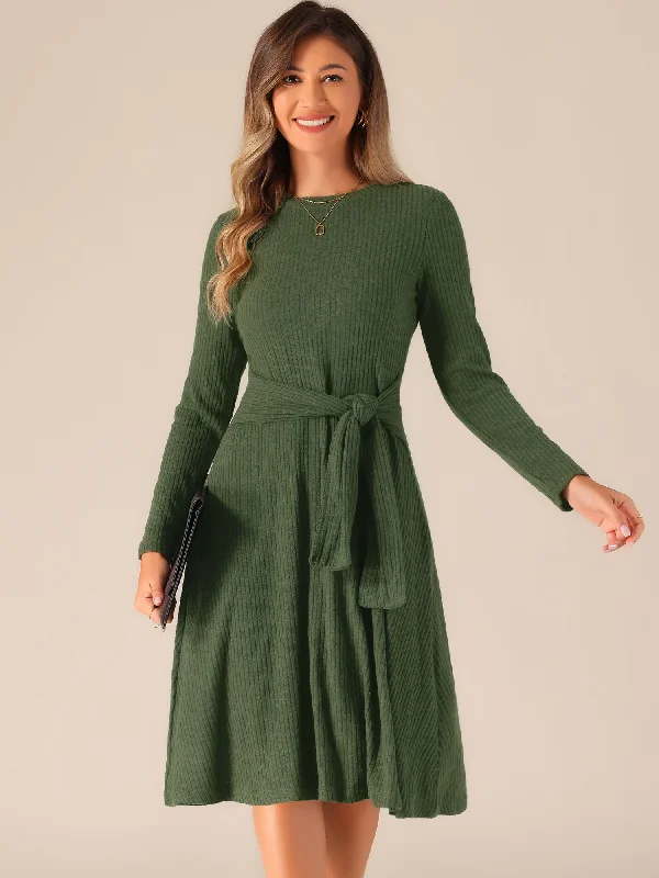 ladies draped tanks-Ribbed Knit Crew Neck Long Sleeve Midi Sweater Dress