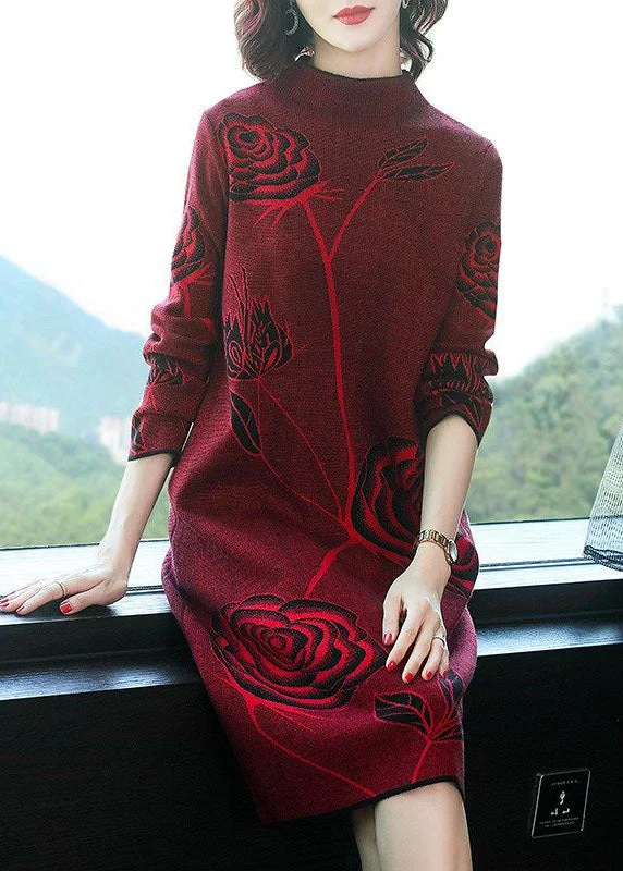 ladies tie-waist camis-Boutique Red Turtle Neck Floral Print Knit Sweater Dresses Long Sleeve