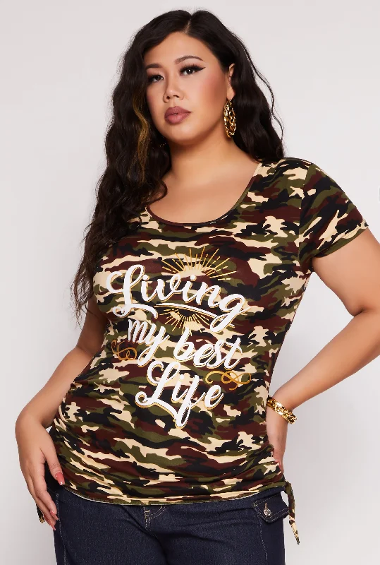 women’s shawl-neck sweaters-Plus Size Camo Living My Best Life Graphic Tee