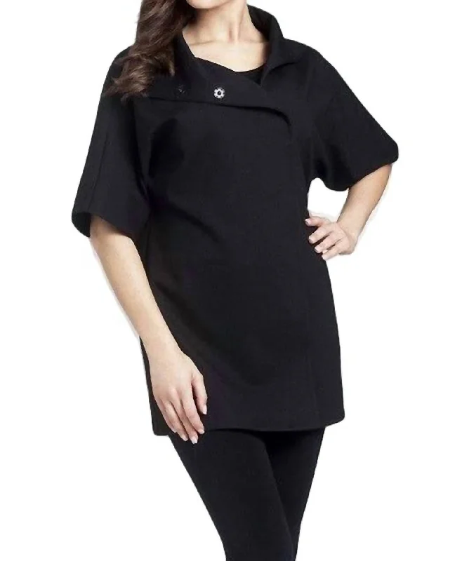 female denim flared minis-Side Zip Short Sleeve Coat In Black