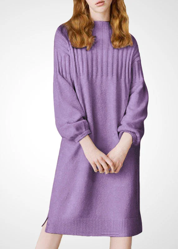 women’s enzyme-wash denim-Plus Size Purple Stand Collar Thick Wool Long Knit Dress Winter