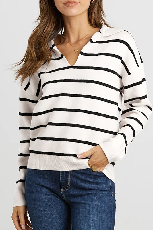 female ruffled a-line skirts-Striped Long Sleeve Polo V Neck Pullover Sweater