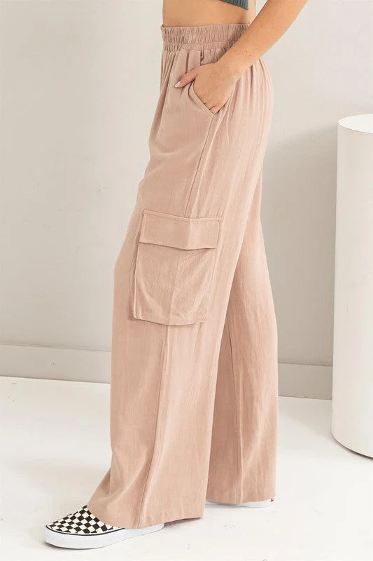 ladies draped tanks-Wide Leg Linen Cargo Pants