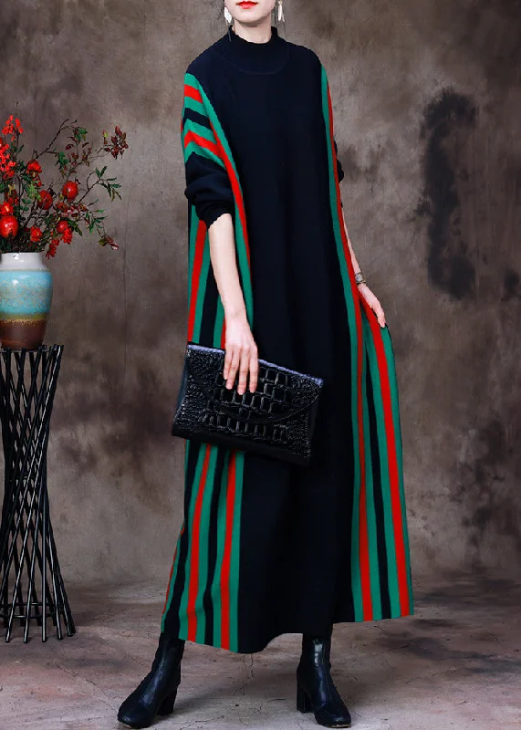 women’s skinny chinos-Fitted Black Turtleneck Striped Patchwork Knit Long Sweater Dress Long Sleeve