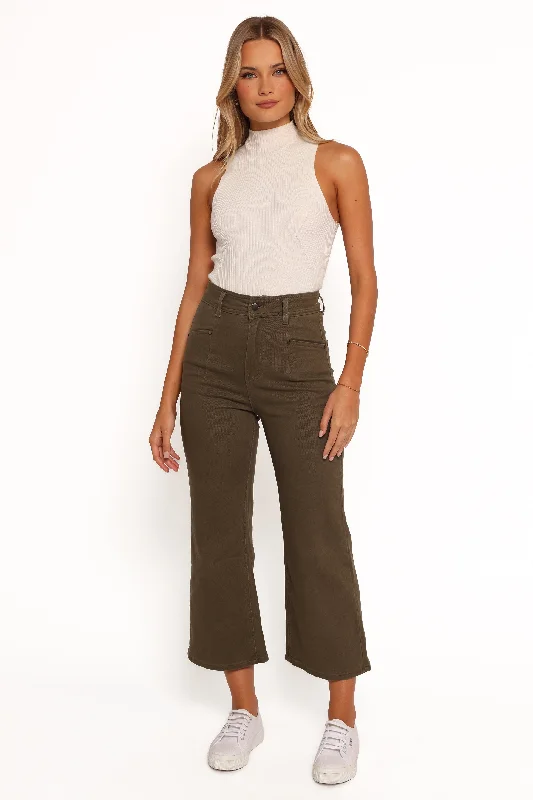 female denim ruffled minis-Georgette High Waisted Straight Leg Pants - Olive