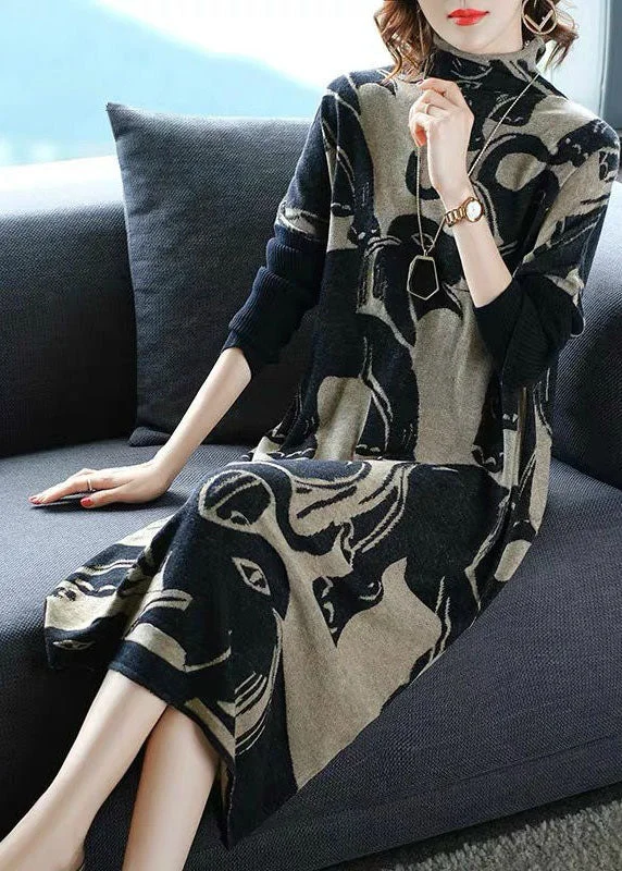 ladies velvet vests-Organic Black Turtle Neck Oversized Print Long Knit Dress Winter