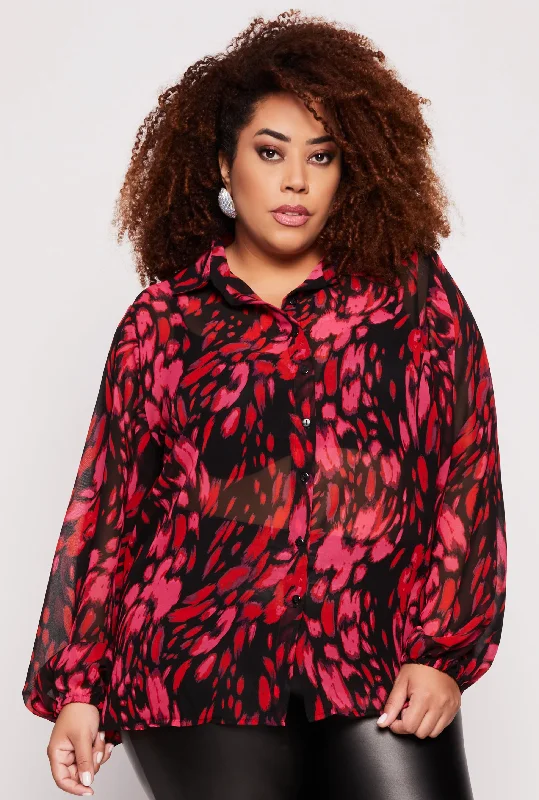 women’s insulated bombers-Plus Size Chiffon Printed Pattern Shirt