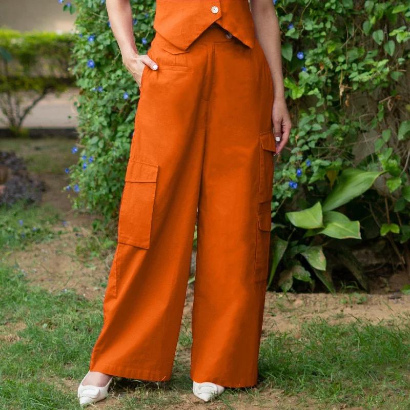 female tulle-trim tops-Orange Cotton Poplin High-Rise Elasticated Wide Legged Cargo Pant