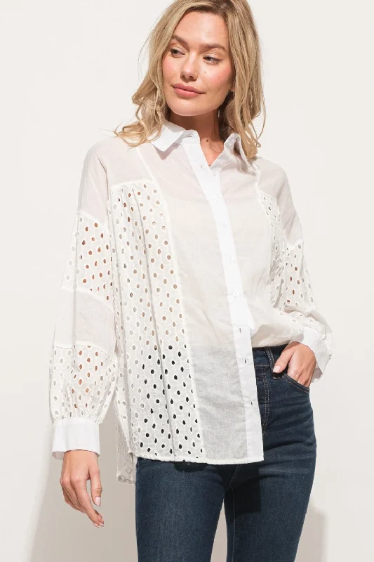 women’s chambray shirts-And The Why Eyelet Long Sleeve Button Down Shirt