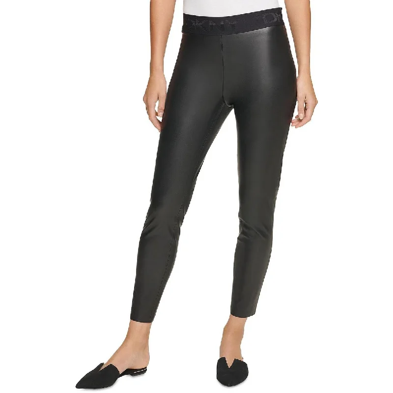 women’s puffed-sleeve sweaters-DKNY Womens Faux Leather Logo Leggings