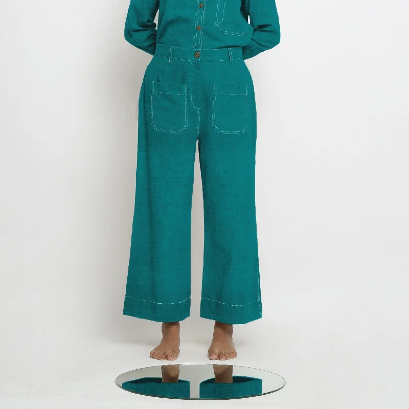 ladies satin jackets-Pine Green Cotton Linen Patch Pocket Wide Legged Pant