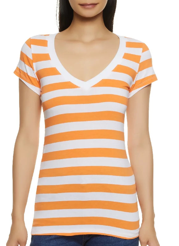 ladies gala reception dresses-Striped Pattern V Neck T Shirt