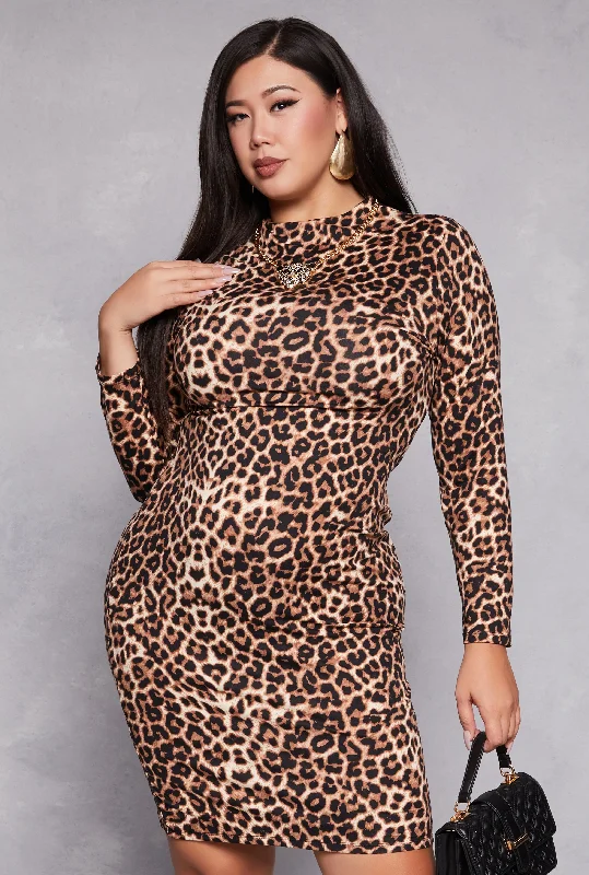 women’s smocked blouses-Plus Size Leopard Print Bodycon Dress