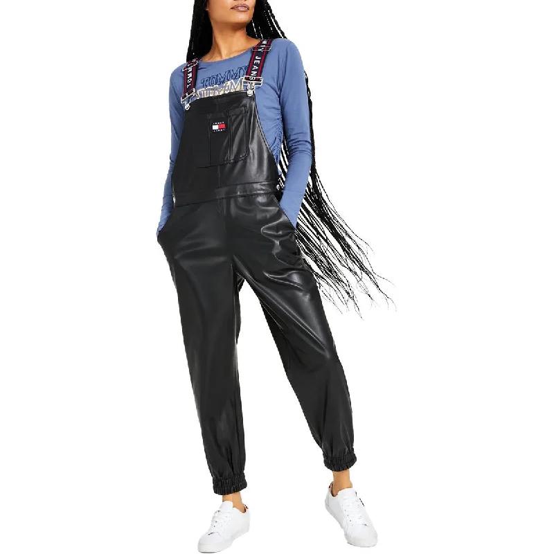 women’s shawl-neck pullovers-Tommy Jeans Womens Faux Leather Jogger Overall