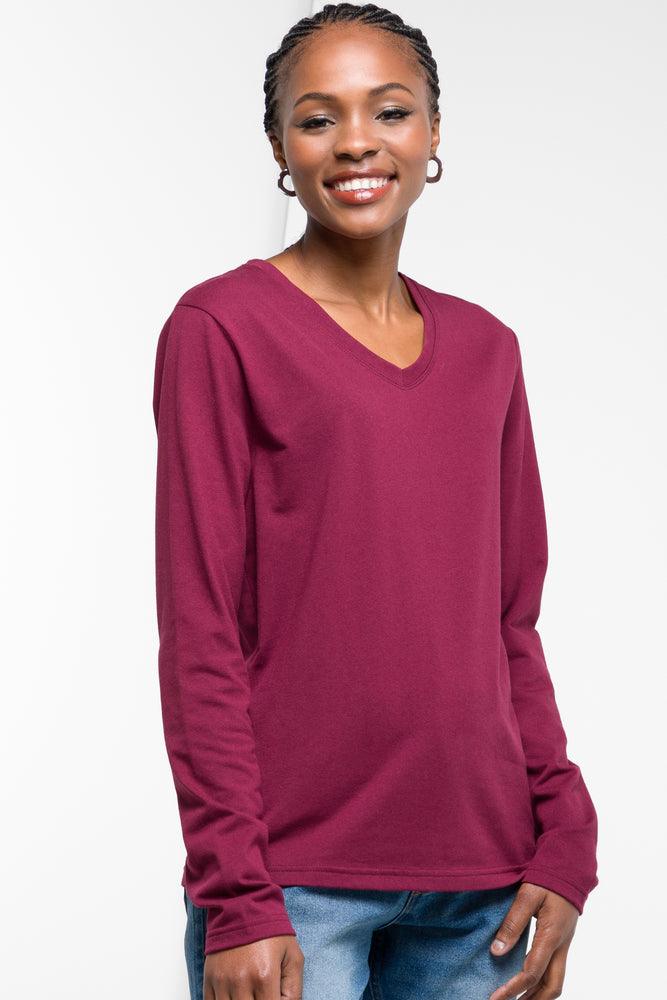 female cotton bombers-Long Sleeve V-Neck T-Shirt Burgundy