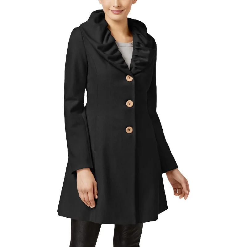 ladies braided flats-T Tahari Womens Abigail Wool Ruffled Collar Pea Coat