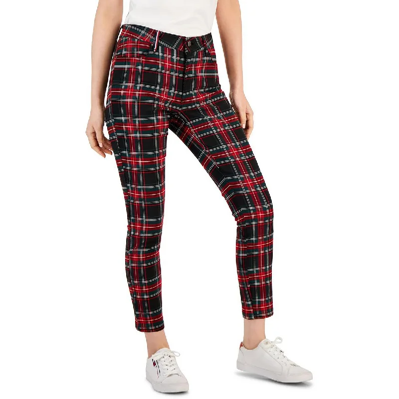 women’s pinstripe blouses-Tribeca Womens Plaid Crop Skinny Pants