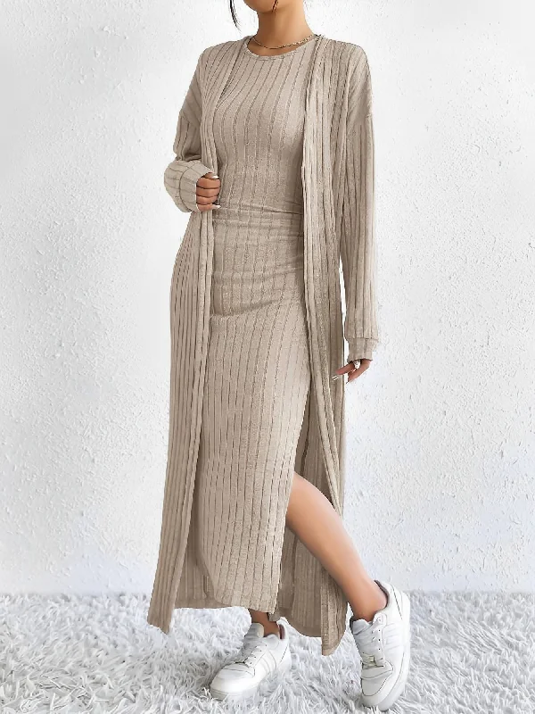 female denim smock skirts-2 Pieces Sleeveless Maxi Slit Sweater Dress & Ribbed Knit Long Cardigan Set