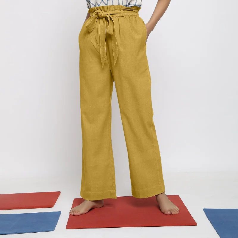 female flannel bombers-Light Yellow 100% Cotton Elasticated Wide Legged Paperbag Pant