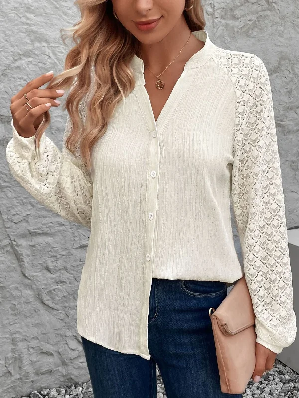 women’s chenille pullovers-Textured Notched Long Sleeve Shirt