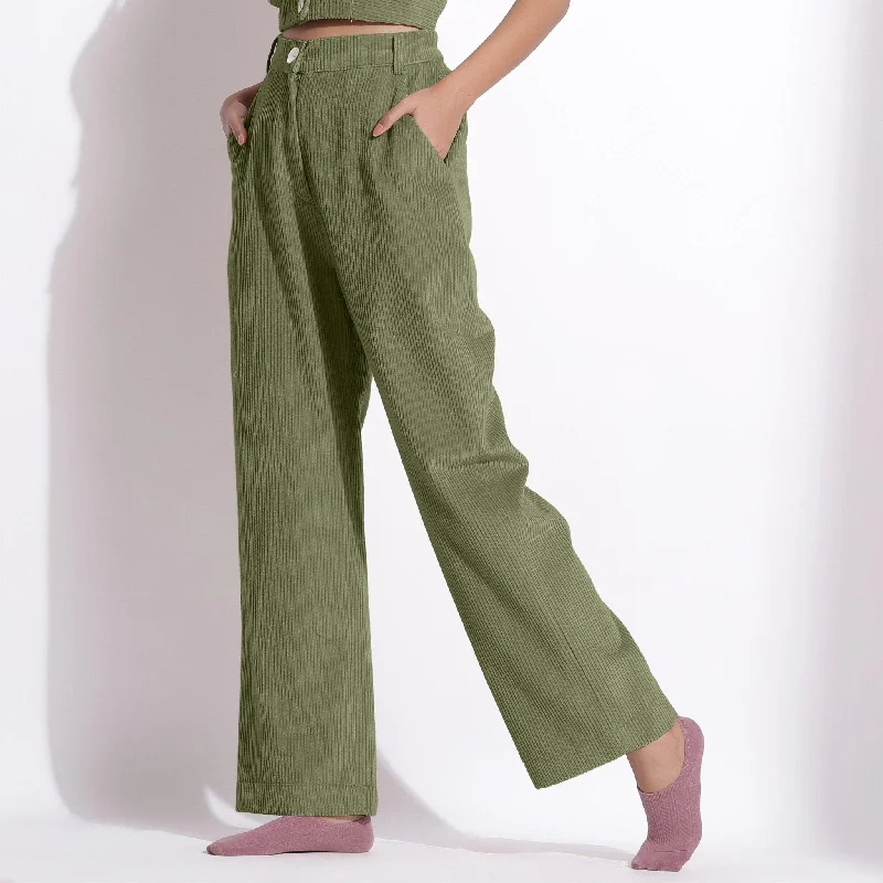 ladies gabardine jackets-Sage Green Warm Cotton Corduroy Wide Legged Trousers