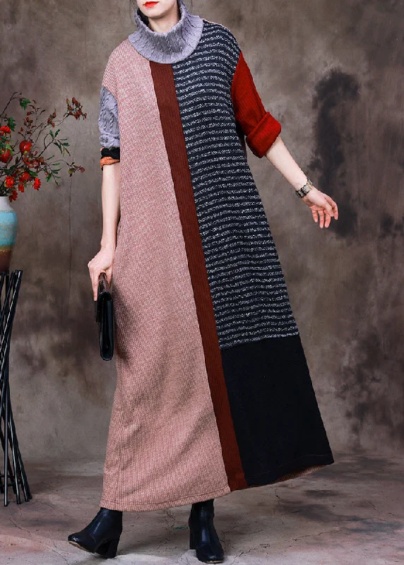 women’s stone-wash jeans-Vintage Turtleneck Striped Patchwork Knit Long Sweater Dress Long Sleeve