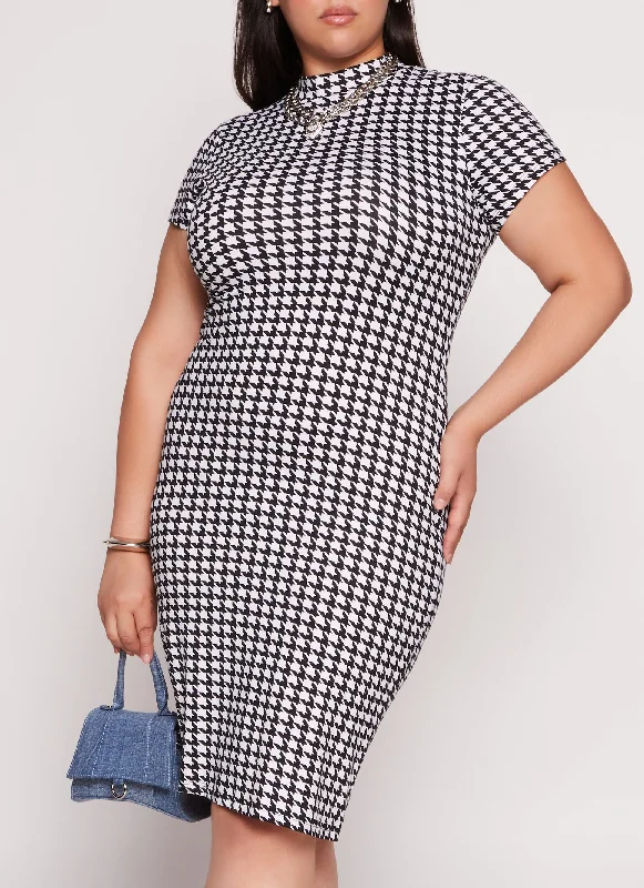 female tweed vests-Plus Size Houndstooth T Shirt Dress