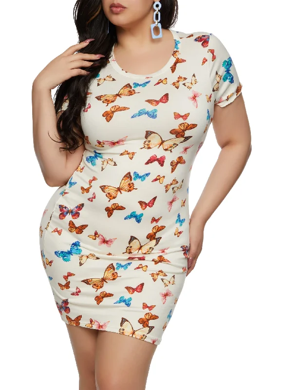 women’s chenille pullovers-Plus Size Butterfly Printed T Shirt Dress