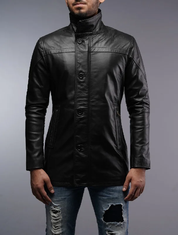 female jacquard-trim tops-Men's Black Car Coat Leather Jacket