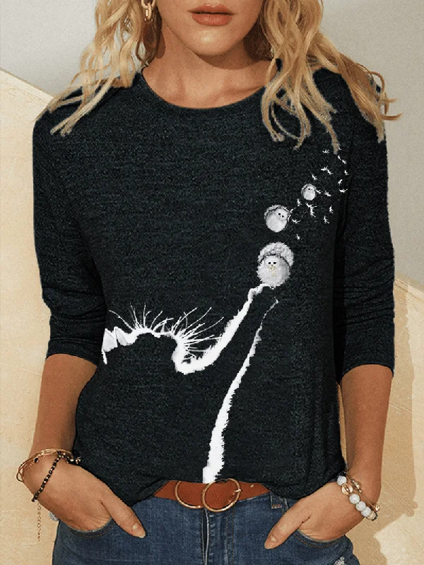 female flared mini tops-Women Flowers Cats Print O-Neck Long Sleeve Casual T-Shirt