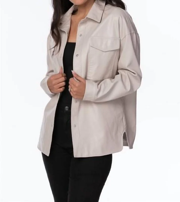 women’s striped tops-Faux Leather Shacket In Cream