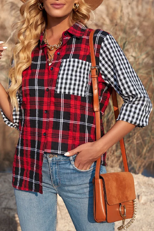 women’s kickboxing tanks-Plaid Button Up Long Sleeve Shirt