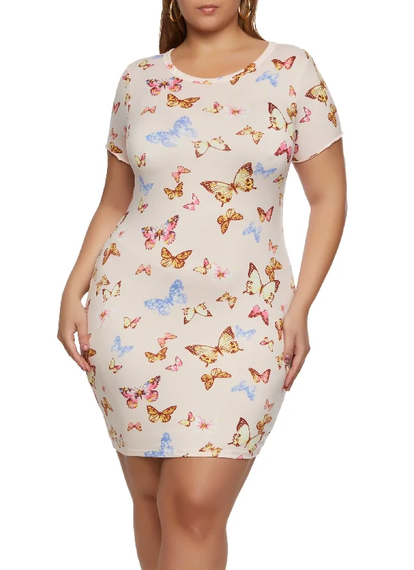 ladies theatrical dresses-Plus Size Butterfly Printed T Shirt Dress