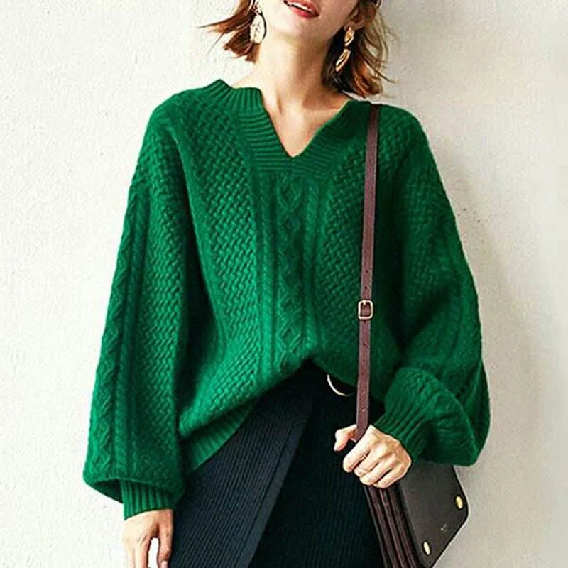 female pleated maxi dresses-DressBetty - Green All-match Fashion Jumpers Autumn Winter New Women Casual Woolen Warmth Vintage Sweater Cashmere Female Basic Long Tops