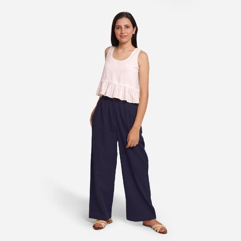 female brocade-trim blouses-Navy Blue Cotton Flax Mid-Rise Elasticated Wide Legged Pant