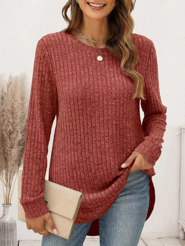 women’s draped sweaters-Ribbed Round Neck Long Sleeve T-Shirt