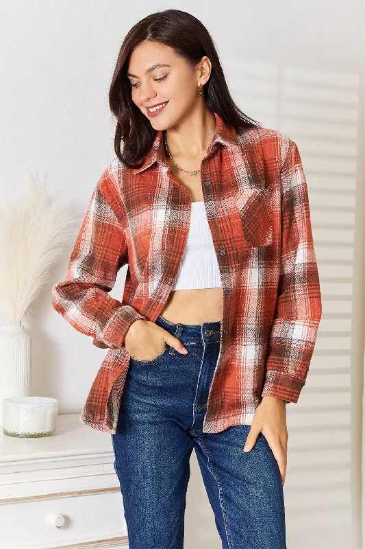 women’s scalloped blouses-Double Take Plaid Collared Neck Long Sleeve Shirt | Classic & Timeless Staple