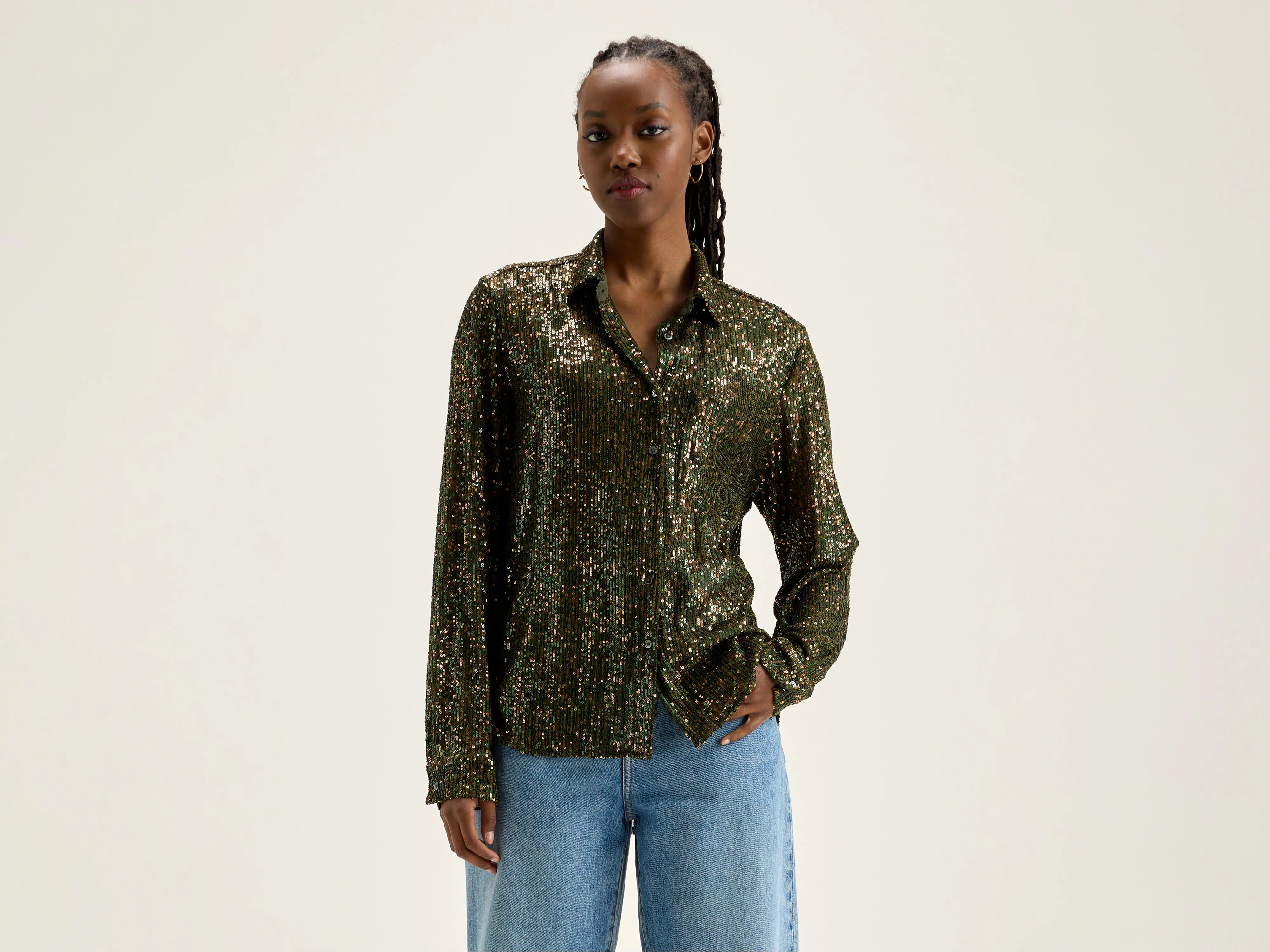 women’s roll-neck pullovers-Pekin sequinned shirt (242 / W / MOSS)