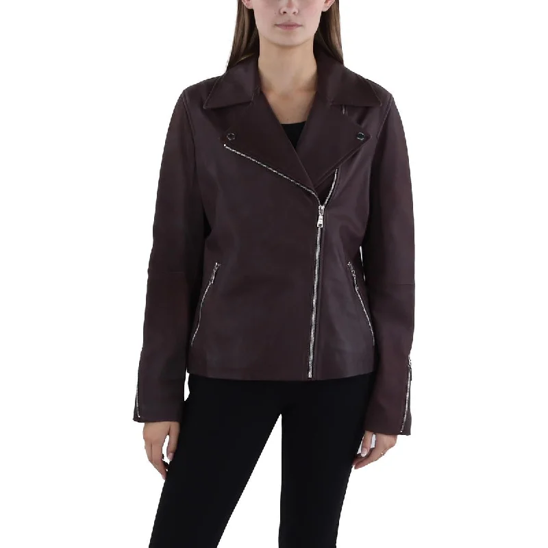 ladies tie-waist blouses-Tahari Womens Leather Zipper Leather Jacket